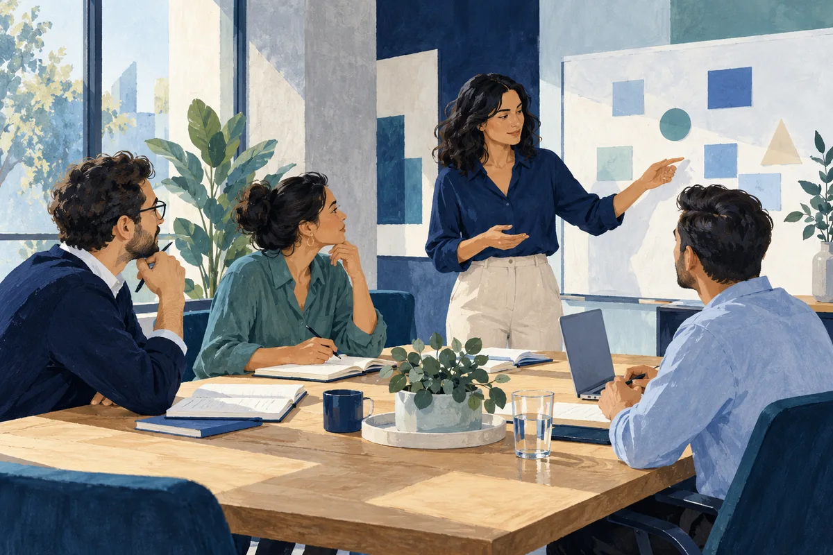 Ilustración de un equipo en una sesión de consultoría
